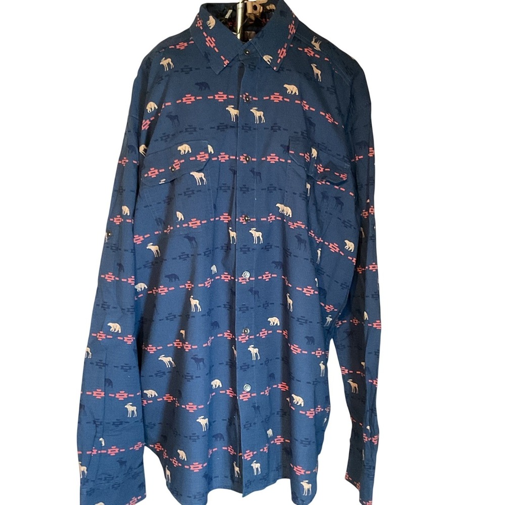 Ocean Coast Mens XXL Blue Ripstop Cotton Moose Bear Southwestern Button Shirt